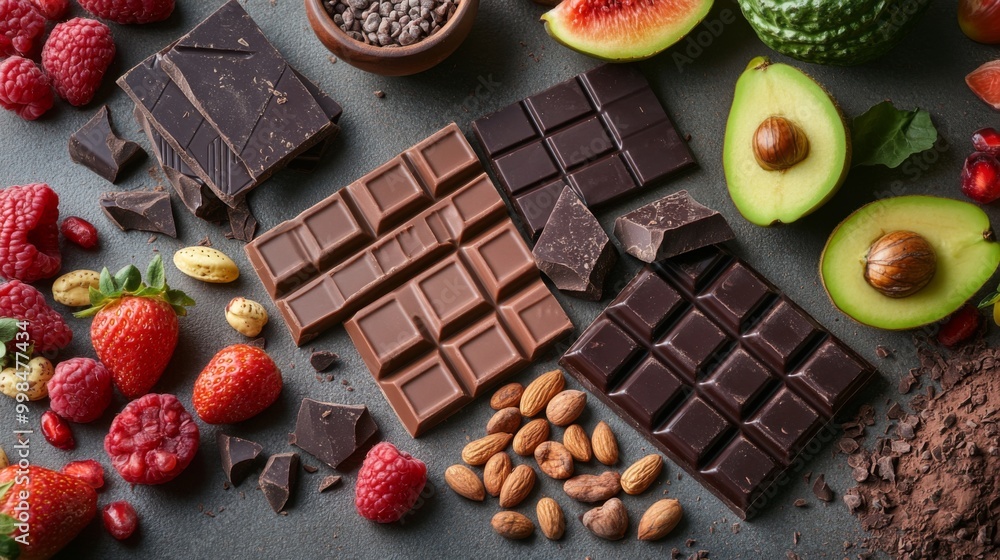 Aufkleber a vibrant flat lay of assorted chocolate bars and cocoa beans, surrounded by fresh fruits and nuts, 