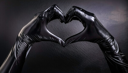Glossy shiny black kinky latex pvc , full length long gloves, woman's hands forming a heart shape on a dark background, luxury high end, elegant, erotic romance, and fetish, bondage, bdsm, kink theme © Carla Tracy