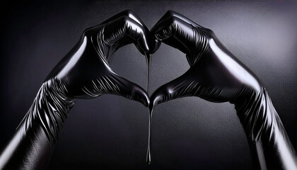 Glossy shiny black kinky latex pvc , full length long gloves, woman's hands forming a heart shape on a dark background, luxury high end, elegant, erotic romance, and fetish, bondage, bdsm, kink theme