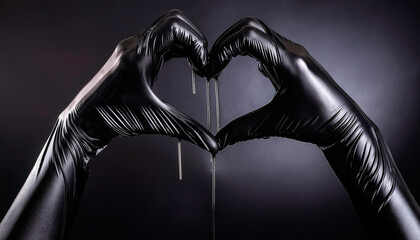 Glossy shiny black kinky latex pvc , full length long gloves, woman's hands forming a heart shape on a dark background, luxury high end, elegant, erotic romance, and fetish, bondage, bdsm, kink theme