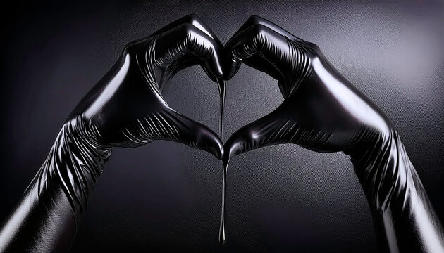 Glossy shiny black kinky latex pvc , full length long gloves, woman's hands forming a heart shape on a dark background, luxury high end, elegant, erotic romance, and fetish, bondage, bdsm, kink theme