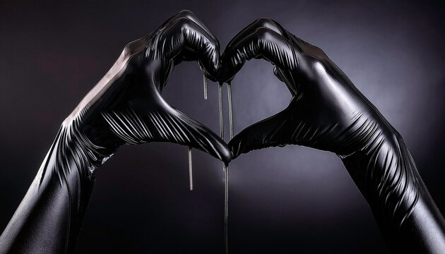 Glossy shiny black kinky latex pvc , full length long gloves, woman's hands forming a heart shape on a dark background, luxury high end, elegant, erotic romance, and fetish, bondage, bdsm, kink theme