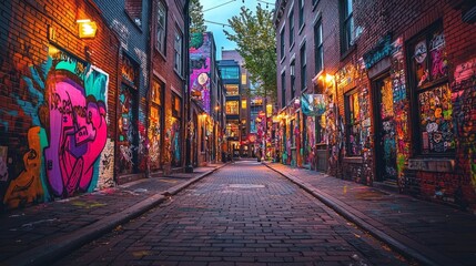 Obraz premium Colorful Urban Alley with Street Art and Graffiti
