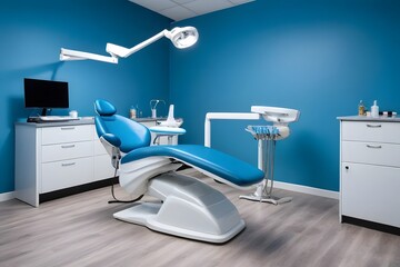 interior of a blue dental office with an armchair