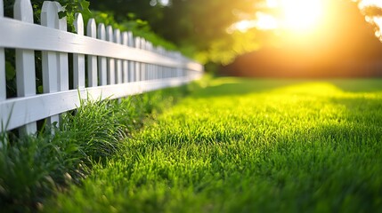 Fototapeta premium Sunlit backyard scene with a white wooden fence, lush green lawn, and vibrant garden border, capturing suburban tranquility and modern landscape design.