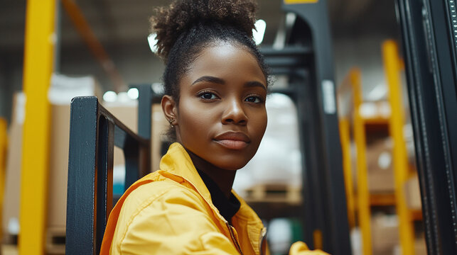 Young black female forklift driver working in industrial production factory warehouse. African american woman working masculine job. international womens day. Changing stereotypes