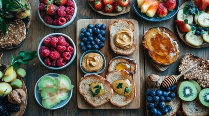 A vibrant flat lay of various toppings for toasted bread, including nut butter, fruits, and honey, arranged artistically on a wooden table for a delightful brunch spread.