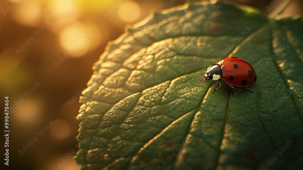 Poster A vibrant green leaf with a close-up of a ladybug crawling across the surface, with soft sunlight highlighting the tiny details of the insect's red shell and black spots