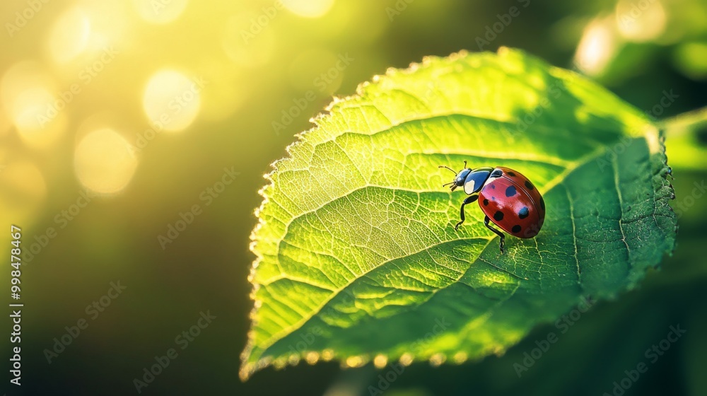 Poster A vibrant green leaf with a close-up of a ladybug crawling across the surface, with soft sunlight highlighting the tiny details of the insect's red shell and black spots