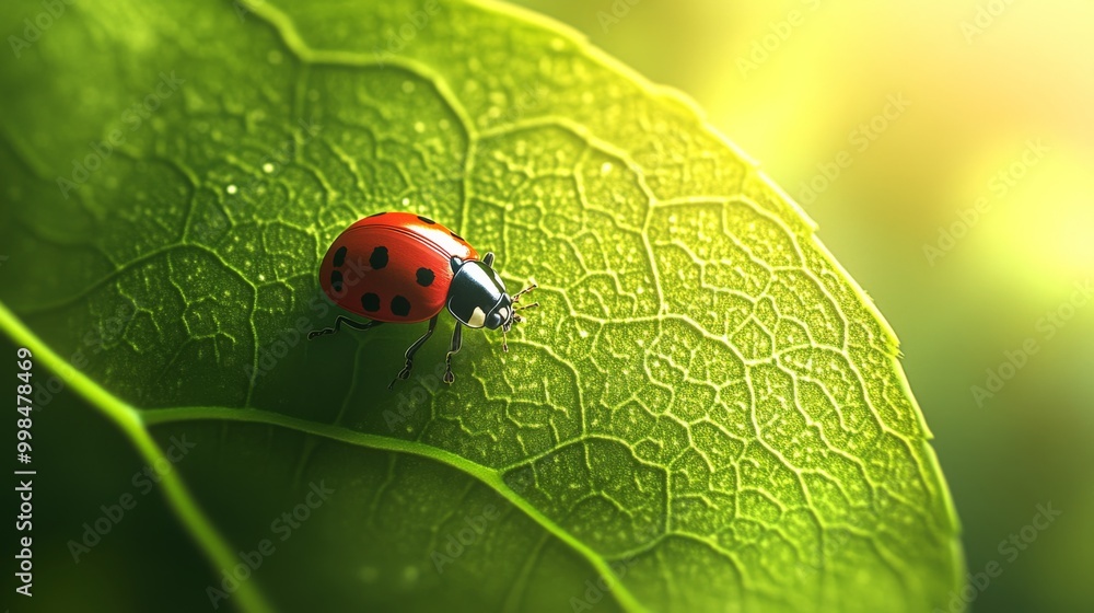 Poster A vibrant green leaf with a close-up of a ladybug crawling across the surface, with soft sunlight highlighting the tiny details of the insect's red shell and black spots