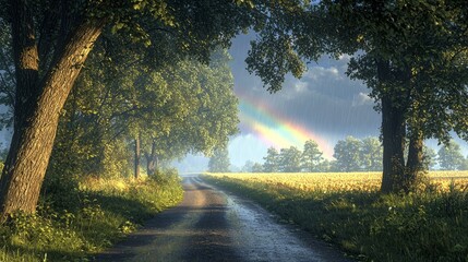 Obraz premium Scenic Pathway Through Trees with Rainbow