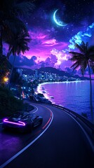 A scenic coastal road with futuristic glowing signs pointing to 2025, pastel watercolor skies, [journey by the sea], [futuristic coastal route]