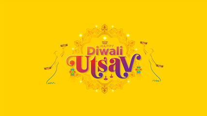 Celebration background of Indian Diwali festival with diwali utsav logo, golden vintage and dazzling lights decoration.