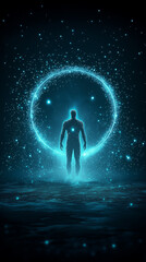 Obraz premium Silhouette of human figure surrounded by glowing blue ring in cosmic space