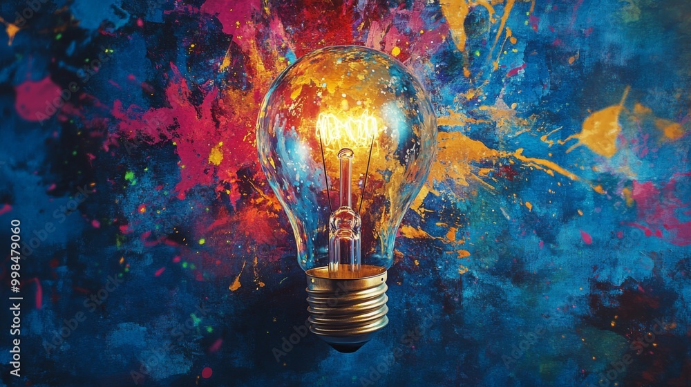 Poster a vibrant image of a light bulb surrounded by colorful paint splashes, symbolizing creativity and in