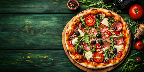 Gourmet Pizza with Fresh Toppings on Rustic Wood Background