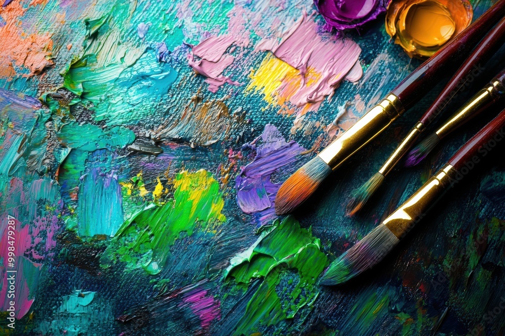 Poster bright splashes of color from a paint palette complement the artistic brushstrokes on canvas, showca