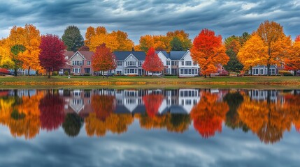 There is a beautiful autumn scene alongside a pond in the Midwest USA, Wisconsin. There are classic American middle-class homes adorned with colorful trees creating a peaceful and tranquil scene.