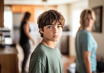 Fototapeta premium Family photo of young boy with family in a kitchen, close up focus, casual clothing, daytime