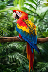 Obraz premium Close-up image of an Ara parrot on a tropical tree branch in the rainforest