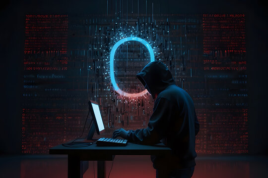 Hacker vs. Defense: A black, shadowy figure of a hacker types away at a keyboard