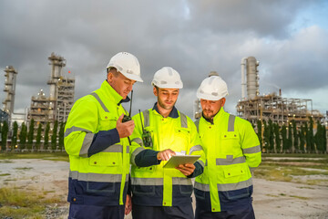 Refinery industry engineer are working and discussing at front oil and gas industrial factory,Oil refinery plant for industry..