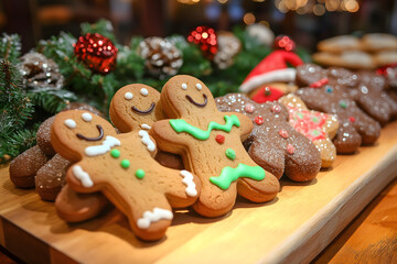 A festive spread of Christmas holiday cookies, including gingerbread men and sugar cookies with colorful icing, displayed on a wooden board with Christmas decorations