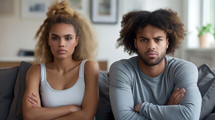 Obraz premium Black couple sits side by side on couch with arms crossed portrait image. Serious expressions woman man african american picture photorealistic. Relationships concept photo realistic