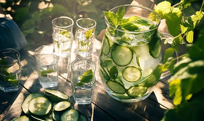 Fototapeta premium Fresh Iced Cucumber Water with Mint on Picnic Table Under Bright Summer Sunlight