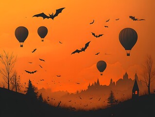 Naklejka premium Vector illustration of bats flying with hot air balloons over an orange Halloween landscape 