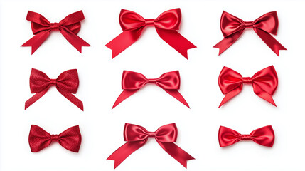 Set of red satin ribbons on a white background.