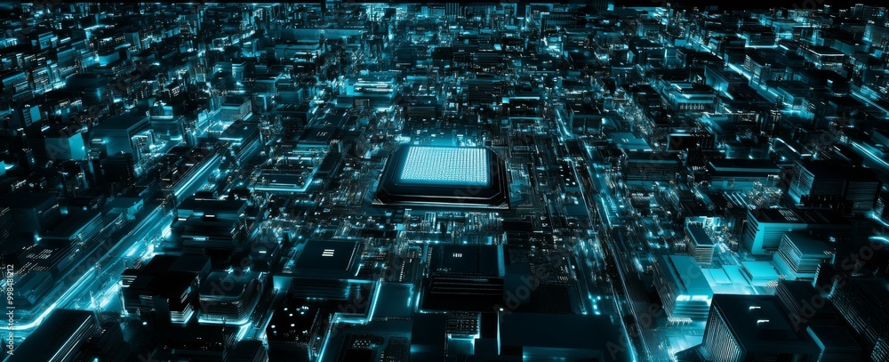 Poster circuit board background with blue electronic lines connected with circuit boards. chip, processor, 