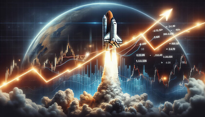 A rocket symbolizes the rapid rise of stock prices as it soars through financial charts.