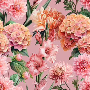 Seamless vector pattern with pink garden flowers isolated on a changeable background. Vintage painting style illustration.	

