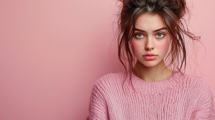 Fototapeta premium Isolated pink background with copy space of a disgusted young woman