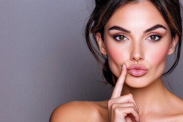 a beautiful woman, doing expression with finger on lips as a kiss me message