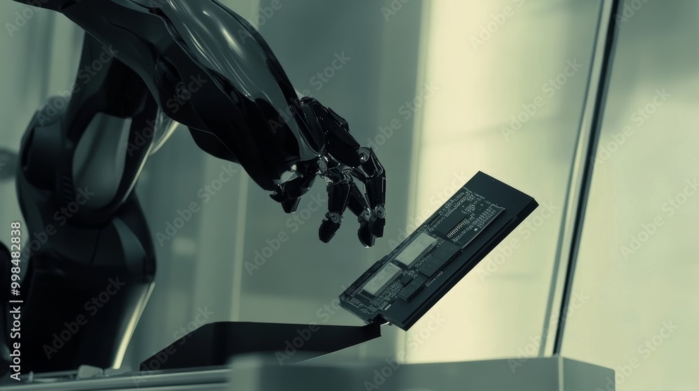 Poster in an electronic factory, a robot arm installs components on circuit boards. this scene shows a full