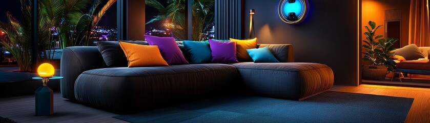 Fototapeta na wymiar Holographic pets in a futuristic home, cozy living room scene in watercolor, [pets of the future 2025], [AI companions]