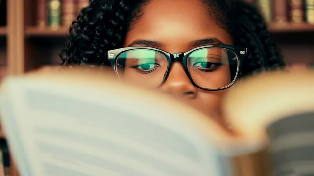FHD footage of a young African American woman with eyeglasses reading the book in a library. Lost in pages, her glasses reflect a world of imagination.