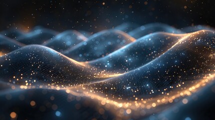 Data technology illustration. Abstract futuristic background. Wave with connecting dots and lines on dark background. Wave of particles