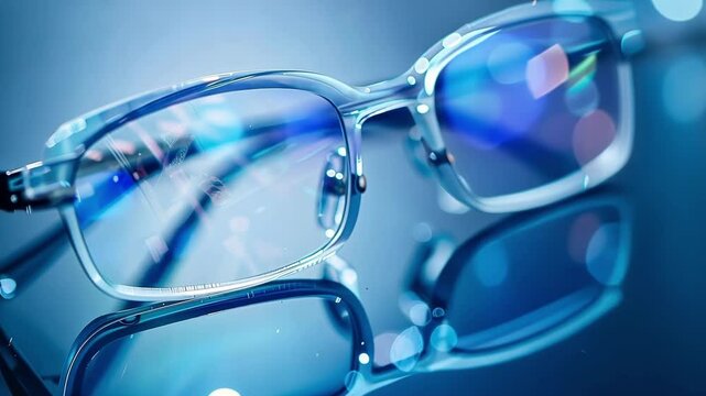 Pair of sleek, futuristic glasses is reflecting blue light, suggesting a connection to artificial intelligence, brain enhancement, and the future of vision