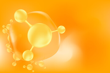 Gold, orange oil or collagen molecule formula, with gold, yellow liquid particles, bubbles pattern. Hyaluronic acid serum chemical formula background with copy space. Beauty treatment nutrition.