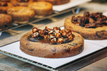 Fresh and delicious French pastries in a pastry shop window