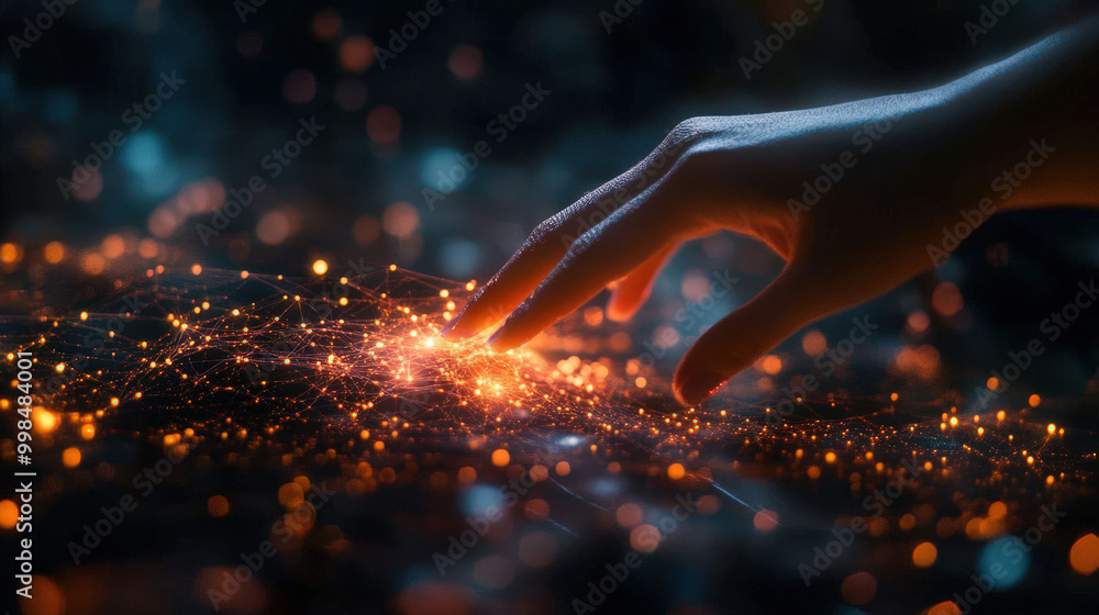 Poster an abstract ai concept showing a human hand reaching out to touch a glowing neural network
