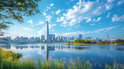 A tranquil lake reflecting a modern city skyline with lush greenery and a bright blue sky.