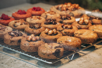 Fresh and delicious French pastries in a pastry shop window