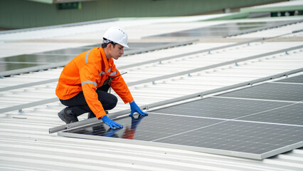 Builder mounting photovoltaic solar modules on roof of house. Back view of man engineer in helmet installing solar panel system outdoors. Concept of alternative and renewable energy.