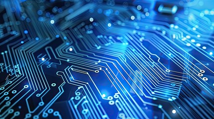Quantum computer technologies concept. Futuristic blue circuit board background
