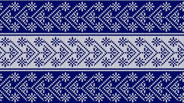 illustration of a traditional woven knitted fabric pattern in the form of blue and white floral and abstract motifs moving to the right