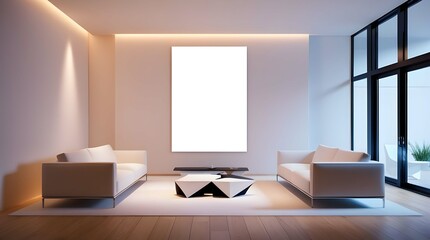 Fototapeta premium A spacious living room with a modern atm with a minimalist aesthetic, featuring a large, blank poster on a crisp white walling illuminated by soft, warm overhead lighting, dark grey sectional sofa, 